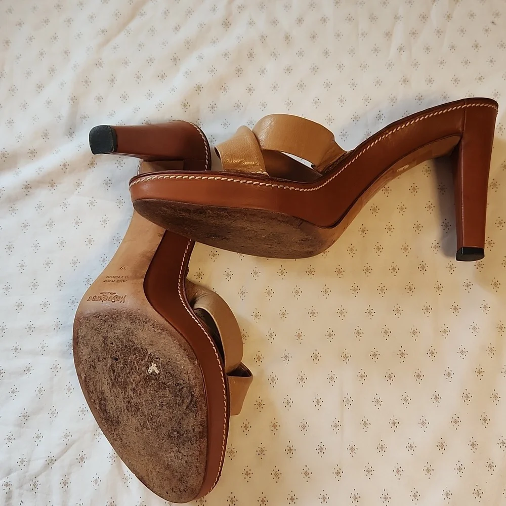 Yves Saint Laurent Tan Leather Cross-strap Heels Platform Slides Size 39/8.5